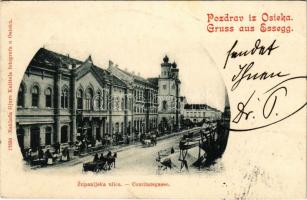 1901 Eszék, Essegg, Osijek; Zupanijska ulica / Comitatsgasse / utca, zsinagóga, piac / street, synagogue, market