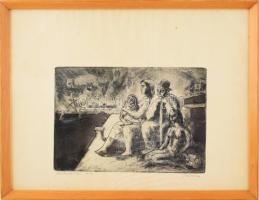 Jánossy Ferenc (1926-1983): Kivándolrók. Színezett rézkarc, papír, jelzett, üvegezett fa keretben, 2...