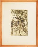 Jánossy Ferenc (1926-1983): Elhagyqatva. Színezett rézkarc, papír, jelzett, üvegezett fa keretben, 3...