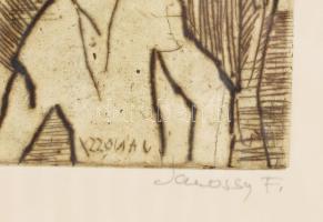 Jánossy Ferenc (1926-1983): Elhagyqatva. Színezett rézkarc, papír, jelzett, üvegezett fa keretben, 3...