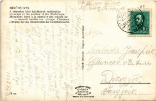 1937 Mezőhegyes, a méneskar hősi halottainak emlékműve + "BATTONYA - SZEGED jm" vasúti moz...