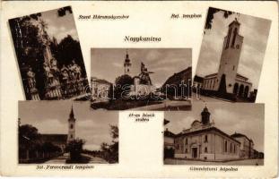 1940 Nagykanizsa, Szentháromság szobor, Református templom, Szent Ferencrendi templom, gimnáziumi kápolna, 48-as hősök szobra (EK)