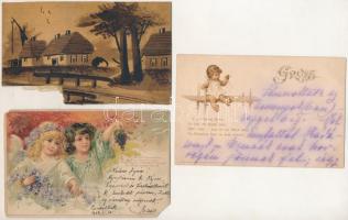 7 db RÉGI művész motívumos üdvözlőlap vegyes minőségben / 7 pre-1945 art motive greeting postcards i...