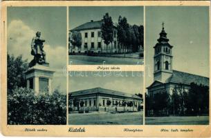 1940 Kistelek, Hősök szobra, emlékmű, Polgári iskola, Községháza, Római katolikus templom (vágott / cut)