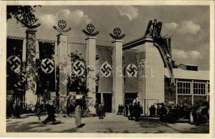 Wien, Vienna, Bécs; Gelände der technischen Messe / NSDAP German Nazi Party propaganda with swastika flags + So. Stpl.