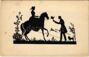 1921 Lady on horse and gentleman with dog, silhouette art postcard. Kleiner Verlag 3301. (fl)