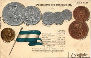 Argentinien - Münzenkarte und Handelsflagge / Argentína - Dombornyomott érmék és zászló / Argentina - Embossed coins and flag (lyukak / pinholes)