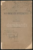 Engel Kornél: Az ági öröklés intézménye. Doktori értekezés. Bp., 1918., hiányos papírkötés. professzor elfogadó jegyzetével.