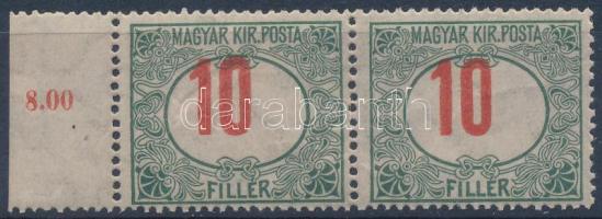 1915 Pirosszámú portó 10f ívszéli pár eltolódott értékszámmal (ránc / crease)