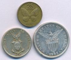 Fülöp-szigetek 1903. 20c Ag + 1945. 5c Ni-sárgaréz + 1994. 25s sárgaréz T:VF,XF
Philippines 1903. 2...