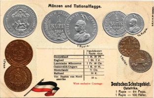 Deutsches Schutzgebiet, Ostafrika - Münzenkarte und Nationalflagge / Német Kelet-Afrika - Dombornyomott érmék és zászló / German East Africa - Embossed coins and flag (lyuk / pinhole)