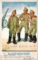 Az első beöltözés / WWII Hungarian military art postcard, humour s: Bernáth (EK)