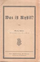 Sulzer, Georg: Was ist Mystik? Bad Schmiedeberg-Leipzig, [1919]. Verlag und Druck von F. E: Baumann. 23 + [1] p. Georg Sulzer (1844-1929) zürichi bírósági elnök megállapításai a keresztény és buddhista misztika különbségeiről. Fűzve, enyhén sérült kiadói borítóban.