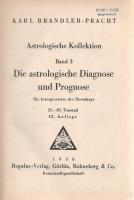 Brandler-Pracht, Karl: Die astrologische Diagnose und Prognose. Die Intepreation des Horoskops. Görlitz, 1938. Regulus-Verlag (Buchdruckerei und Verlagsanstalt Hermann Engelhardt, Grossschönau). 249 + [7] p. Karl Brandler-Pracht (1864-1939) osztrák asztrológus, számos asztrológus egyesület alapítója, okkult folyóiratok szerkesztője. Bámulatos népszerűséget elért köteteiben teozófiai alapozású asztrológiával kísérletezik. Példányunk a munka kilencedik lenyomatából származik. A címlapon régi tulajdonosi bélyegzés. (Astrologische Kollektion, Band 3.) Poss.: Takách Á. Harold egyetemi tanár. Feliratozott kiadói egészvászon kötésben. Jó példány.