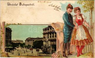 1901 Budapest VIII. Kálvin tér, villamosok, szökőkút, Nemzeti szálloda. Szecessziós dombornyomott litho keret magyar népviseletbe öltözött párral (r)