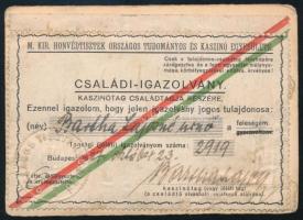 1927 Bp., M. Kir. Honvédtisztek Országos Tudományos és Kaszinó Egyesülete fényképes családi igazolvány kaszinótag családtagja részére