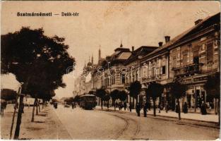 1915 Szatmárnémeti, Satu Mare; Deák tér, villamos, üzletek. Vasúti levelezőlapárusítás 3104. / square, tram, shops