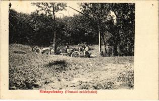 1912 Kistapolcsány, Topolcianky; Hrussói erdőrészlet, gémes kút szamaras kocsival. Brunczlik J. kiadása / Hrusov forest, shadoof, donkey cart (Rb)