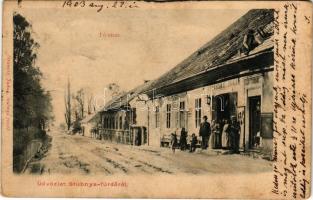 1903 Stubnyafürdő, Túróchévíz, Stubnianske Teplice, Turcianske Teplice; Fő utca, Stransky Jakab üzlete és saját kiadása / main street, shop (szakadás / tear)