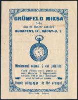 cca 1910 Grüneld Miksa órás Bp. IX. Ráday utca számolócédula / számla, hajtott