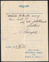 cca 1910 Grüneld Miksa órás Bp. IX. Ráday utca számolócédula / számla, hajtott