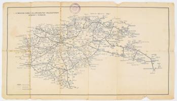 cca 1941 Magyar Királyi Államvasutak közúti gépkocsiüzem (MÁVAUT) autóbusz-vonalainak és vasúti hálózatának átnézeti térképe, kétoldalas térkép, tervezte: Tallián Ferenc, 1 : 400.000, Bp., Magyar Földrajzi Intézet Rt., kisebb sérülésekkel, foltokkal, &quot;M. kir. 55. honvéd határvadász portyázó osztály parancsnokság&quot; bélyegzővel, 58,5x33 cm