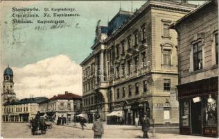 1915 Ivano-Frankivsk, Stanislawów, Stanislau; Ul. Karpinskiego / Karpinskigasse / street view, shops of Reischer, Pinkas (holes)