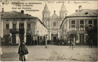 1915 Ivano-Frankivsk, Stanislawów, Stanislau; Ulica Ormianska / Armenengasse / street view, church, restaurant shop of Spiegel (holes)