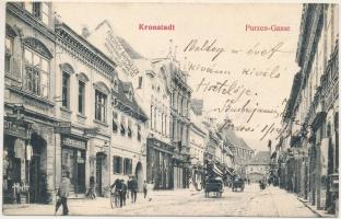 1907 Brassó, Kronstadt, Brasov; Kapu utca, Hartdegen, Ludwig Miess, Friedrich Bahmüller üzlete. H. Zeidner kiadása / Purzen-Gasse / street view, shops (EB)