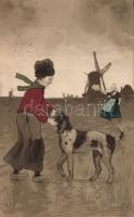 Dutch folkwear and windmill litho