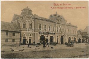 1907 Torda, Turda; M. kir. pénzügyigazgatóság és postahivatal, Kovrig M. és Társa, Bernád Antal üzlete, Mészáros társulati vendéglő, gyógyszertár, piac. No. 424. (W.L. ?) / financial directorate, post office, shops, restaurant, pharmacy, market (fl)