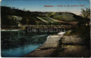 1917 Medgyes, Mediasch, Medias; Partie an der grossen Kokel / Nagy-Küküllő partja, híd. G. A. Reissenberger kiadása / Tarnava Mare riverside, bridge (EK)