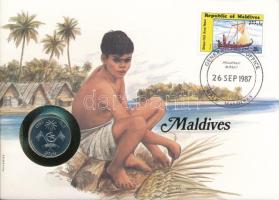 Maldív-szigetek 1982. 1R acél felbélyegzett borítékban, bélyegzéssel, német nyelvű leírással T:UNC Maldives 1982. 1 Rufiyaa steel in envelope with stamp, cancellation and a prospectus in german C:UNC