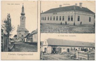 Gyergyóremete, Remetea; Római katolikus templom, Községháza, Ifj. Puskás Samu üzlete. Szilágyi Arthur műintézetéből / Catholic church, town hall, shops (ragasztónyom / glue marks)