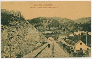 Gyimes, Ghimes; Magyar-román határ a Rákóczi várrommal, vasútvonal. W.L. 1810. / Hungarian-Romanian border with castle ruins, railway line (EK)