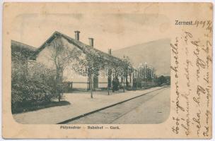 1909 Zernest, Zernyest, Zarnesti; Pályaudvar, vasútállomás. Michael Bloosz kiadása / Bahnhof / Gara / railway station (fl)