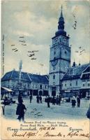 1902 Nagyszombat, Tyrnau, Trnava; Ferenc József tér, Városi torony, Szentháromság szobor, piac, Steinitz üzlete. Bediene dich allein / square, tower, Trinity statue, market, shops