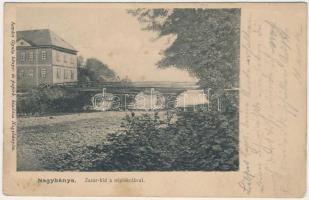 1907 Nagybánya, Baia Mare; Zazar híd a népiskolával. Kovács Gyula kiadása / bridge, school (fl)