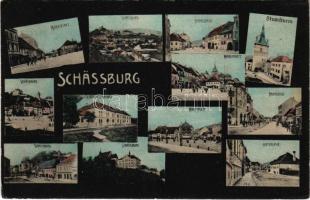 1908 Segesvár, Schässburg, Sighisoara; Marktplatz, Spitalgasse, Baiergasse, Stundturm, Hintergasse, Ev. Mädchenseminar / Piactér, Kórház utca, Bajor utca, óratorony, Evangélikus leányiskola / market square, streets, clock tower, Lutheran girls&#039; school (EK)