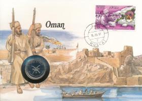 Omán 1986. 50b érmés borítékban, bélyeggel és bélyegzéssel, német nyelvű ismertetővel T:UNC Oman 1986. 50 Baisa in coin envelope, with stamp and cancellation, with German description C:UNC