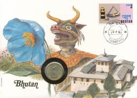 Bhután 1974. 20ch Cu-Al-Ni "FAO" forgalmi emlékérme felbélyegzett borítékban, bélyegzéssel, német nyelvű leírással T:AU Bhutan 1974. 20 Chetrums Cu-Al-Ni "FAO" circulating commemorative coin in envelope with stamp, cancellation and prospectus in German C:AU