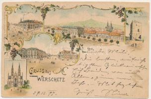 1897 (Vorläufer) Versec, Werschetz, Vrsac; Residenzgasse, Weingebirge, Schlossbergruine, Rathhaus, Rom. kath. Pfarrkirche / utca, Szőlőhegy, várrom, városház, római katolikus templom. Kehrer Lajos kiadása / street, vineyards, town hall, church. Art Nouveau, floral, litho (vágott / cut)