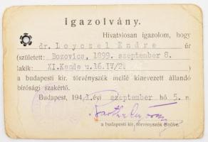 1941 Bírósági szakértői igazolvány, fényképpel