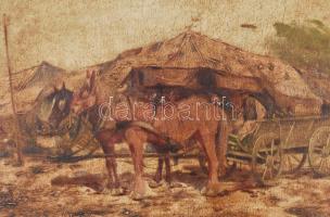Jelzés nélkül: Lovas szekér a piacon. Olaj, falemez, fa keretben, kis sérüléssel 18x24 cm