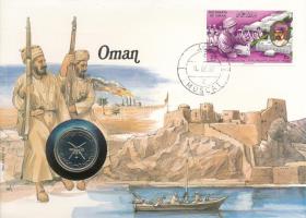 Omán 1986. 50b érmés borítékban, bélyeggel és bélyegzéssel, német nyelvű ismertetővel T:UNC Oman 1986. 50 Baisa in coin envelope, with stamp and cancellation, with German description C:UNC