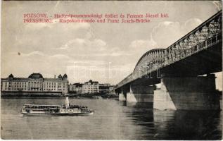 1914 Pozsony, Pressburg, Bratislava; Hadtestparancsnoksági épület és Ferenc József híd, &quot;SCHÖNBRUNN&quot; gőzhajó / Korpskommando und Franz Josefs-Brücke / K.u.K. military headquarters, bridge, steamship (EK)