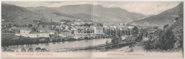 Rózsahegy, Liptó-Rózsahegy, Ruzomberok; látkép, vasútállomás, zsinagóga. 2-részes kihajtható panorámalap. Feitzinger Ede No. 893/IIb L. 1905./ general view with railway station and synagogue. 2-tiled folding panoramacard (Rb)