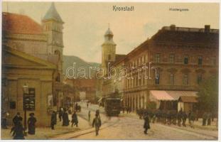 Brassó, Kronstadt, Brasov; Kolostor utca, villamos. Zeidner H. / Klostergasse / street, tram