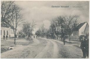 Sáros, Scharosch bei Fogarasch, Soars; utca részlet, háttérben katonák Vöröskeresztes zászlóval / street view, K.u.K. soldiers with Red Cross flag in the background (EK)