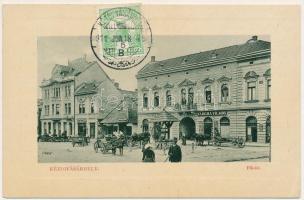 1911 Kézdivásárhely, Targu Secuiesc; Fő tér, Szabó János és Vargha Vilmos üzlete, fodrász terem. W.L. Bp. 6889. 1910-13. 753. / main square, shops, hairdresser, TCV card (EK)